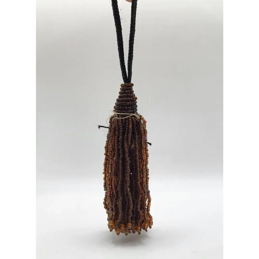 Vintage Brown Beaded Tassel Tie 8in